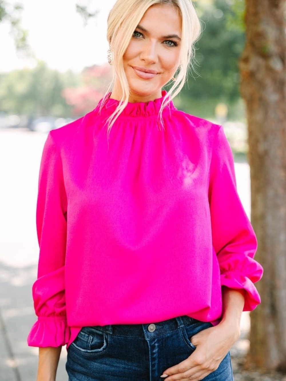 Women's Ruffle Neck Blouse - Hot Pink NWT